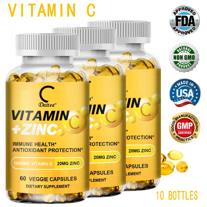 Organic Vitamin C 1000mg and Zinc 20mg Capsules support immune health, anti-oxidation, whitening, lightening, anti-wrinkle