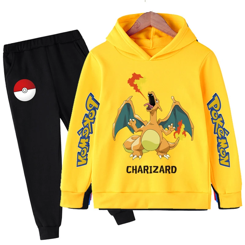 Pokemon Boys Hoodie Sets Cartoon Charizard Print Hoodies Baby Anime Hooded Sweatshirt girls Clothes Long Sleeve Pullover+pants