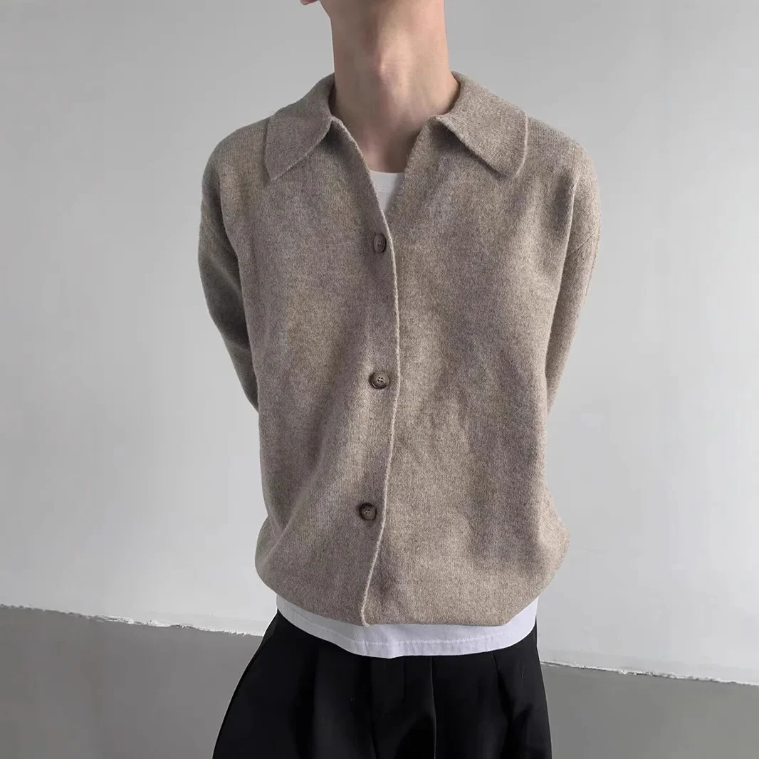 Мужской вязаный кардиган однотонная куртка свободного кроя с воротником поло и