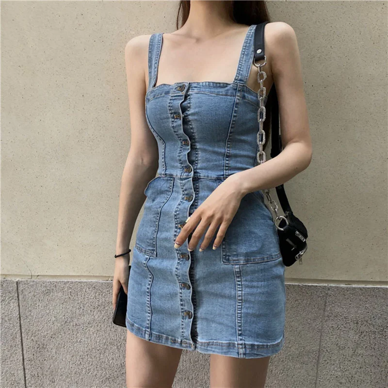 

New Spring Denim 2023 For Women Slash Neck Slim Button Summer Backless Sexy Mini Off Shoulder Dress Female L11