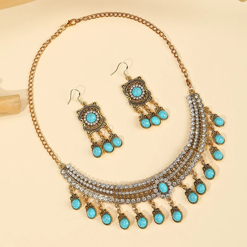 Набор бирюзовых украшений для женщин винтажные аксессуары колье и серьги под