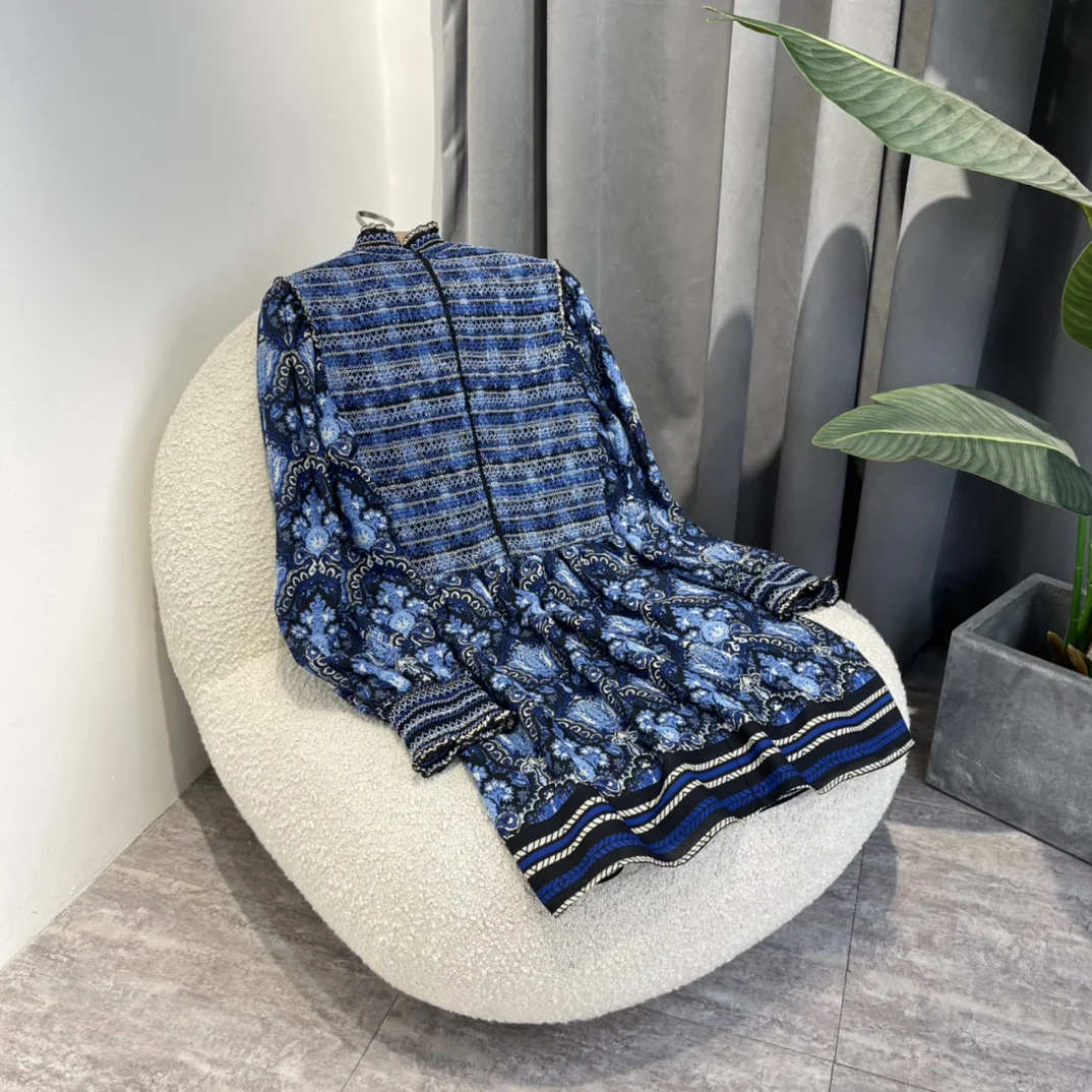 

Mini A-line Dress 2022 Woman Clothing Spring New Vintage High Quality Paisley Print Lantern Sleeve Elastic Shirred Royal Blue