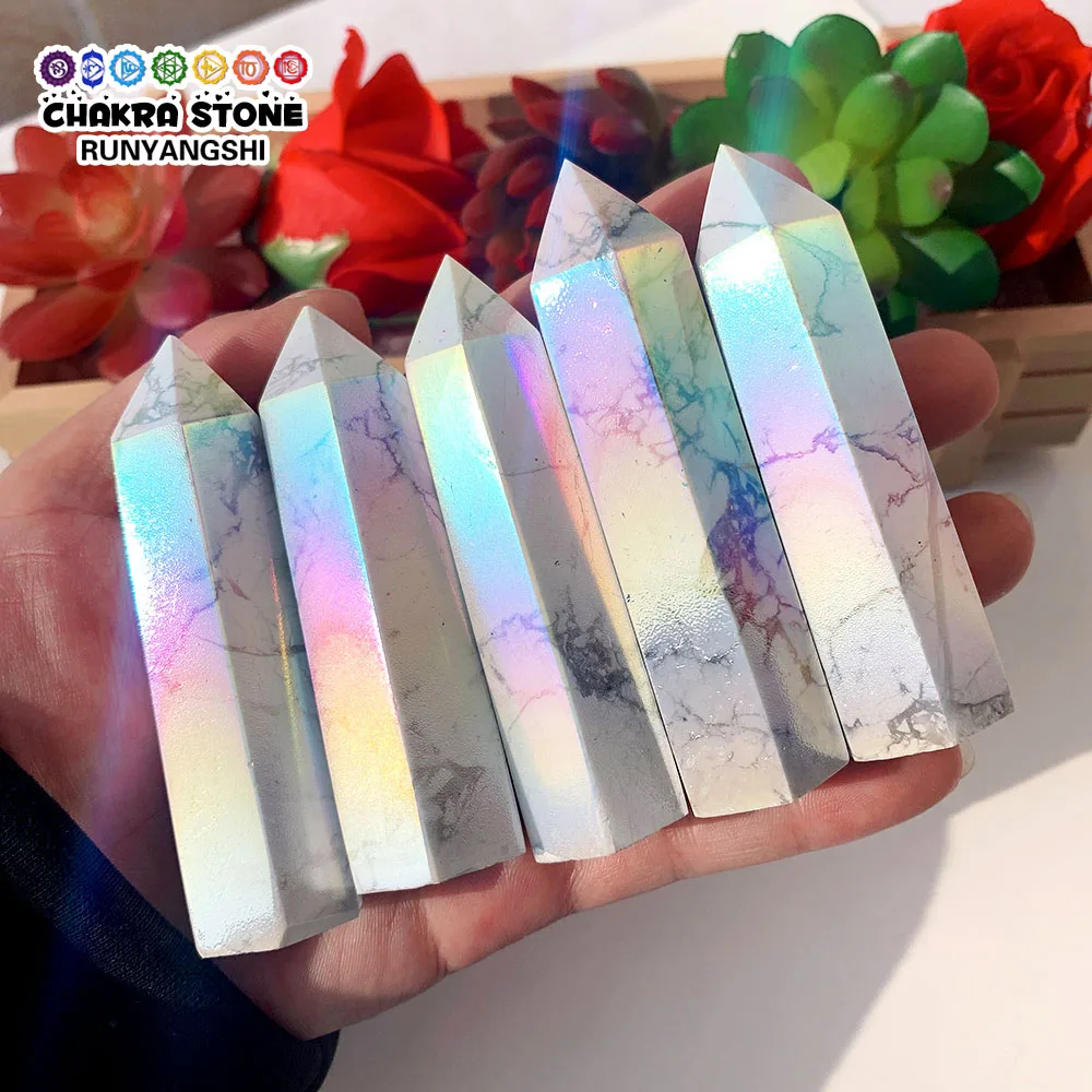 

1pc Natural Healing Stone Electroplating Howlite Rainbow Aura Crystal Point Wand Energy Quartz Home Decoration Reiki Tower Gifts