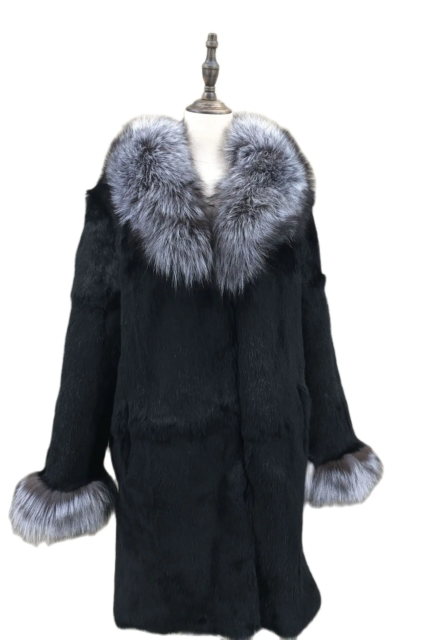 

real rabbit fur full plet coat with sliver fox collar cuffs woman casual 2023 Autumn winter classic elegant luxurious