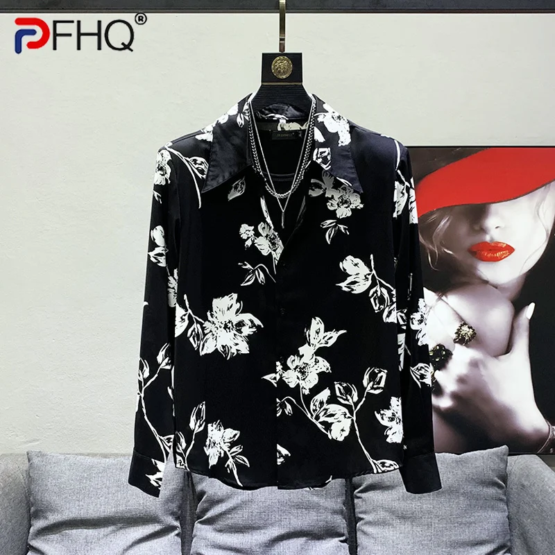 

PFHQ 2023 Summer New Printing Shirt For Men's Advanced Design Sense Large Pointed Neck Loose Long Sleeve Ice Silk Shirt 21F3101