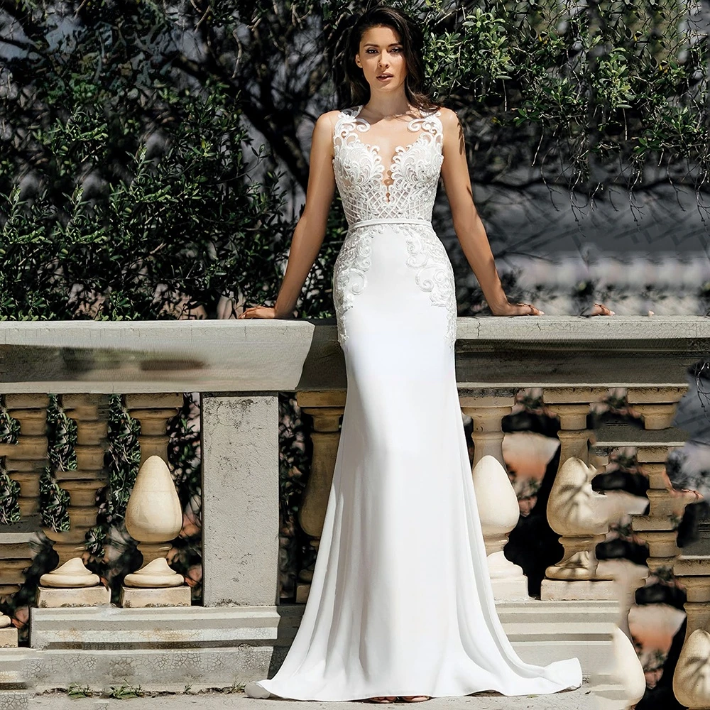 

Charming Mermaid Wedding Dresses Sheer Neck Custom-made White Ivory Bohemian Lace Bridal Gown Vestido De Novia