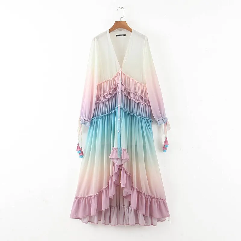 Boho Rainbow Gradient Maxi Dress Elegant Deep V-neck High Low Es With Long Slevees Ladies Chiffon Beach Party