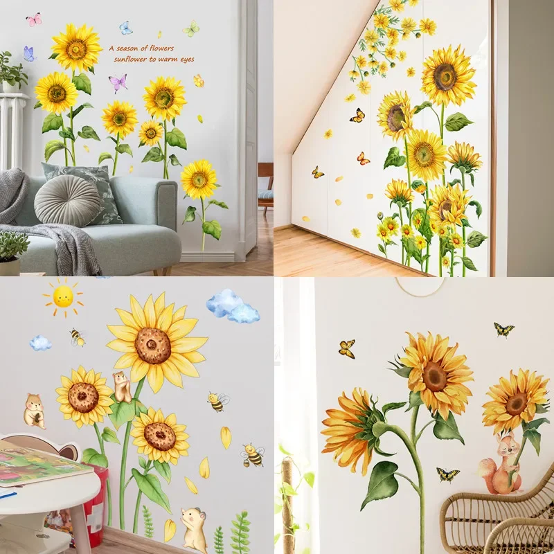 

Наклейки на стену с подсолнухами, наклейки с зелеными листьями для гостиной, детской комнаты, спальни, настенные наклейки, домашнее украшение, фрески для домашнего декора