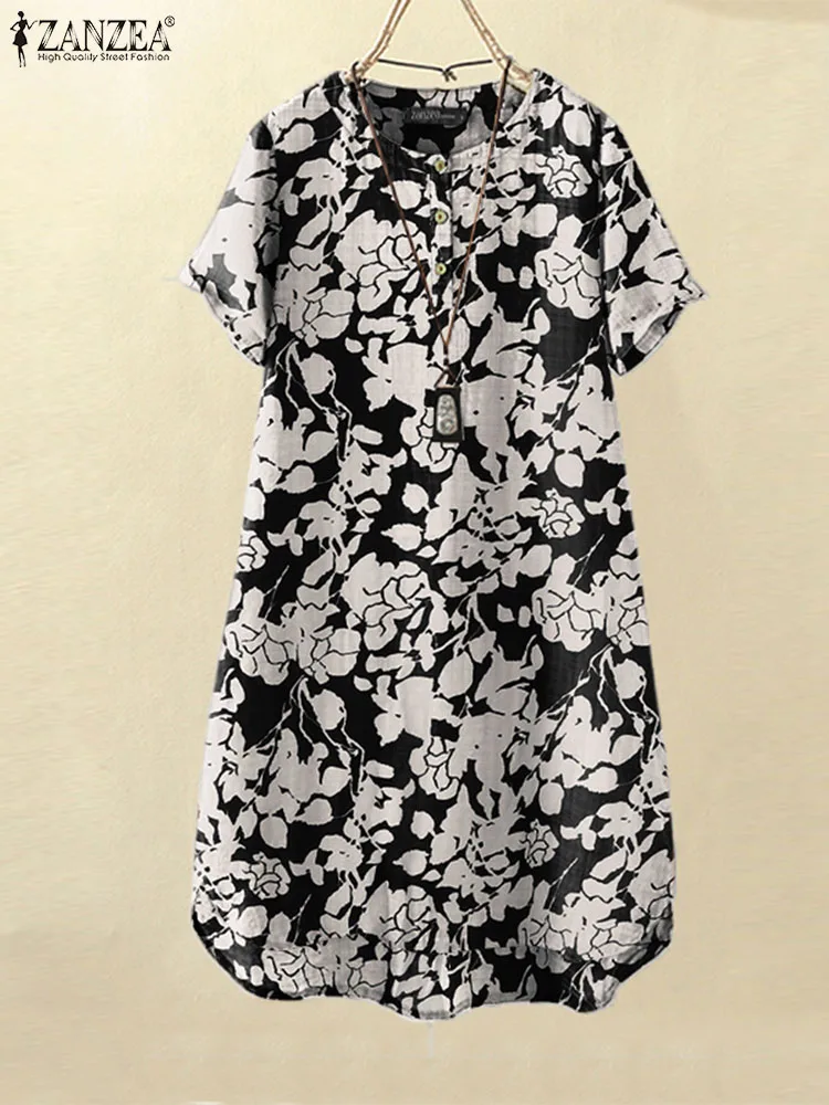 

ZANZEA Casual Women Sundress Short Sleeve Vintage Round Neck Asymmetrical Hem Robes Pockets Floral Printing Leisure Mini Dress