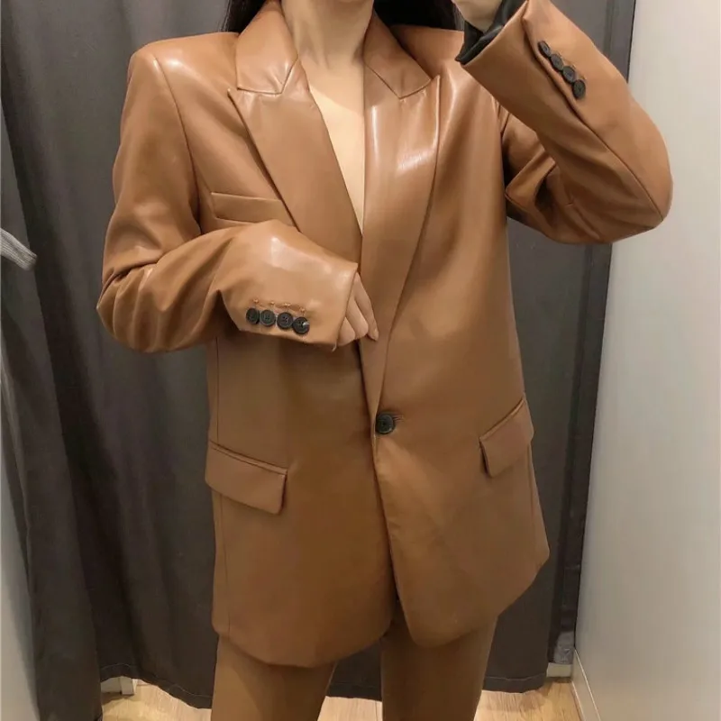 Fashion Notched Brown PU Blazers Women Faux Leather Loose Jackets Elegant Single Button Suits Female Ladies Outwear Mid Length