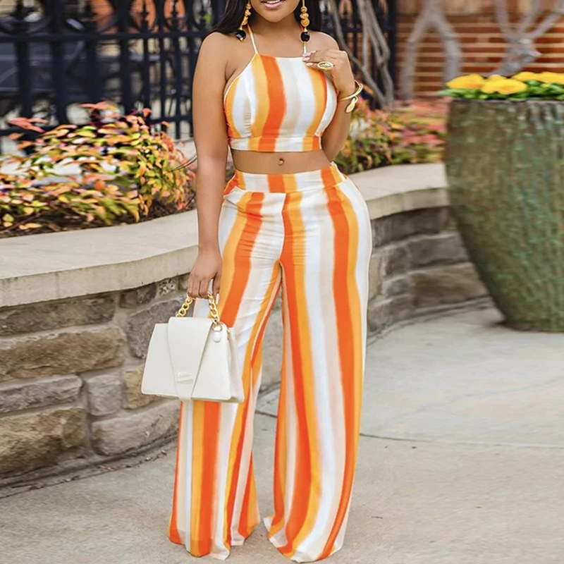 

Женский комплект из двух предметов, летний пляжный костюм в полоску с лямкой на шее и длинными брюками