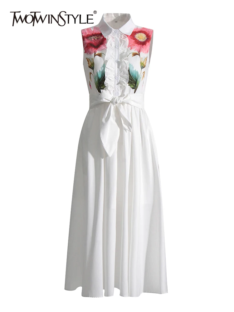 

TWOTWINSTYLE Splcied Pocket Dresses For Women Lapel Sleeveless High Waist Folds Hit Color Dress Female Fashion Clothing 2023 New