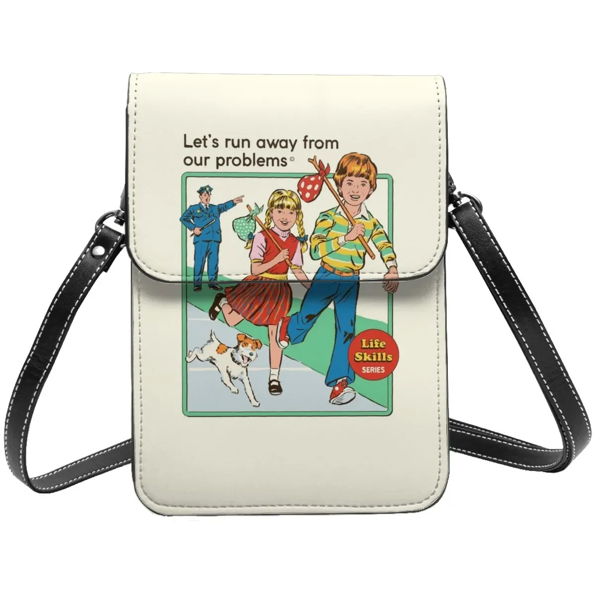 

70s Illustration Let's Run Away Shoulder Bag Vintage Humor Retro Leather Travel Mobile Phone Bag Female Bulk Bags
