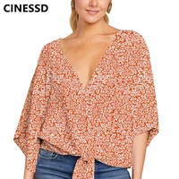 cinessd 2022 women floral print blouses sexy v neck short sleeves casual loose tops 2022 summer autumn bohemian knotted blouse