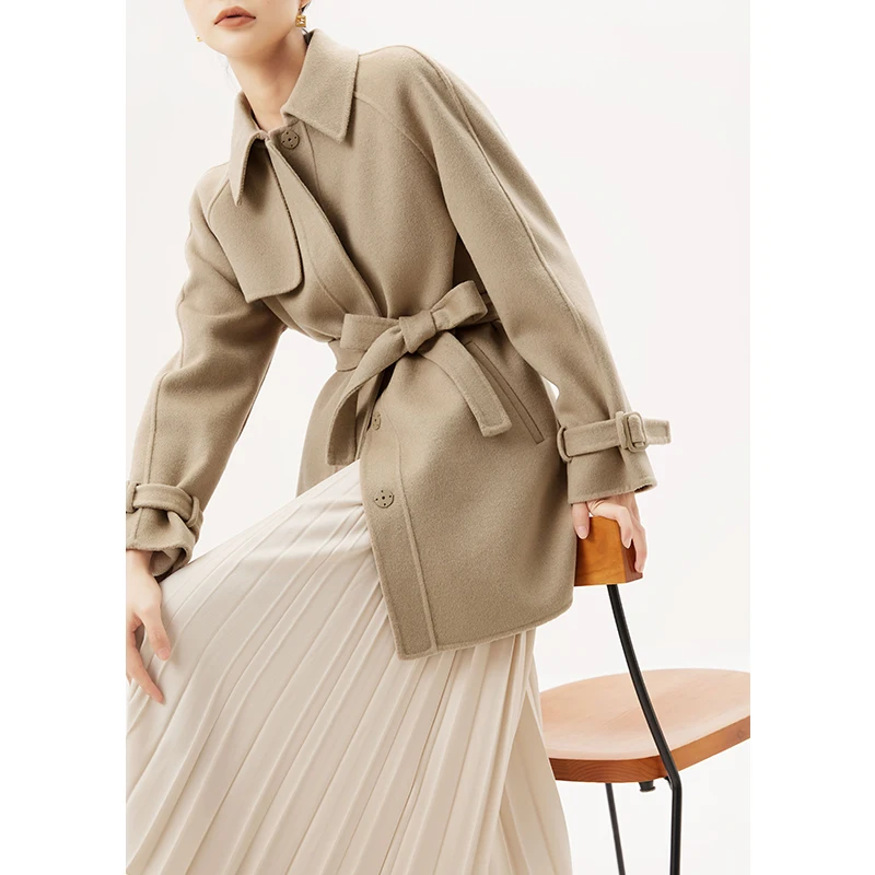 

Autumn Winter 2022 New Wool Blend Abrigo Mujer Women Coat Adjustable Waist High Street Appliques Covered Button Wide-waisted