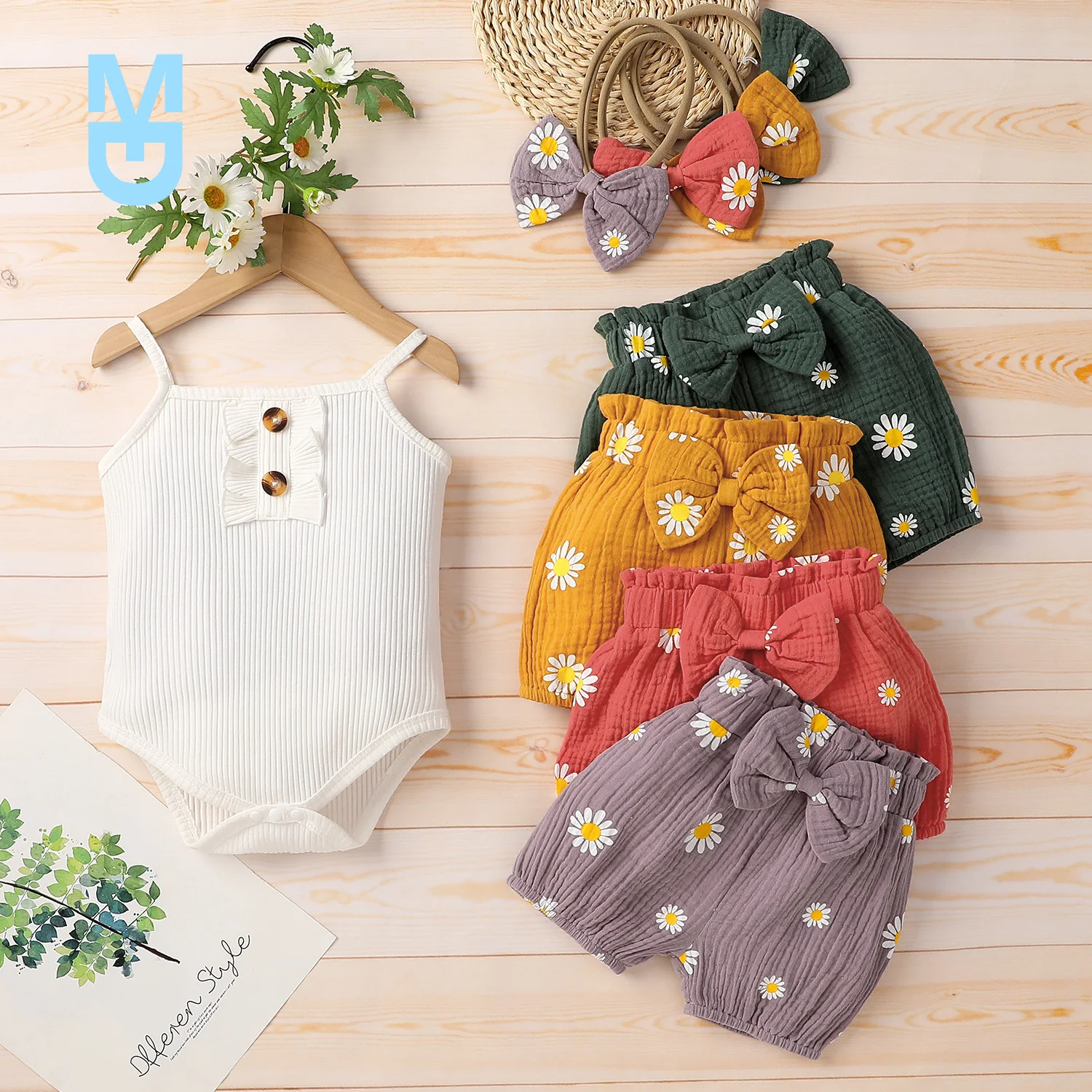 

New Summer Toddler Baby Girls Clothes Sets 0-18M 3pcs Solid Strap Sleeveless Romper Floral Shorts Headband
