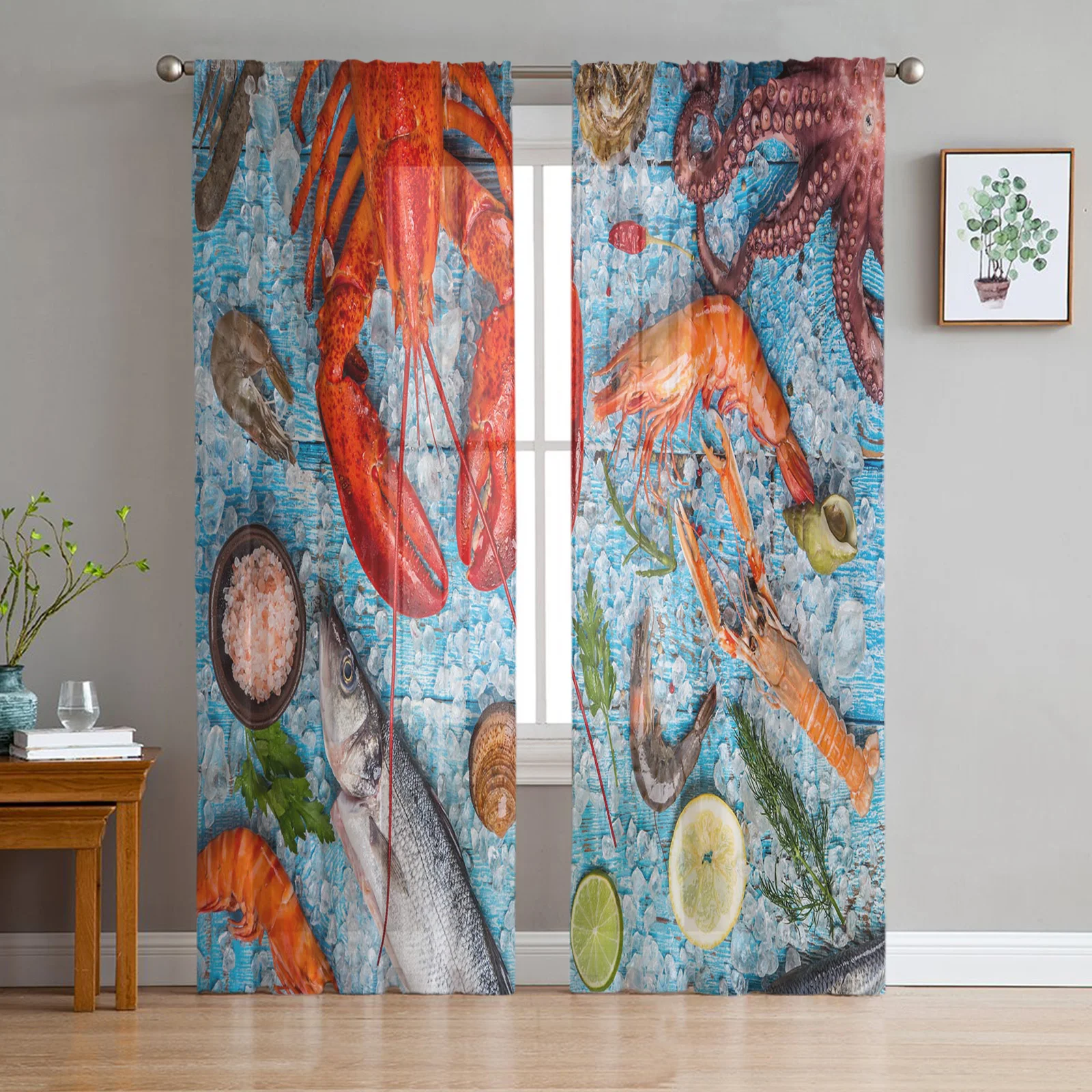 

Тюлевые шторы с морскими красками, морепродуктами, лимоном, Осьминогом, ингредиентами для готовки, шифоновые прозрачные оконные шторы из вуали для гостиной и спальни