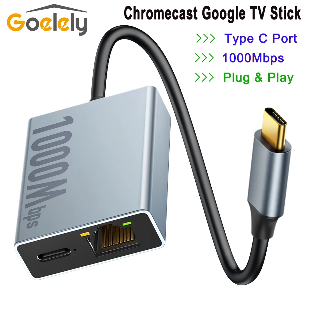 Фото Goelely RJ45 1000 Мбит/с внешняя сетевая карта Ethernet-адаптер для 4K Chromecast Google TV Stick светодиодный дисплей Type-C Plug & Play №1
