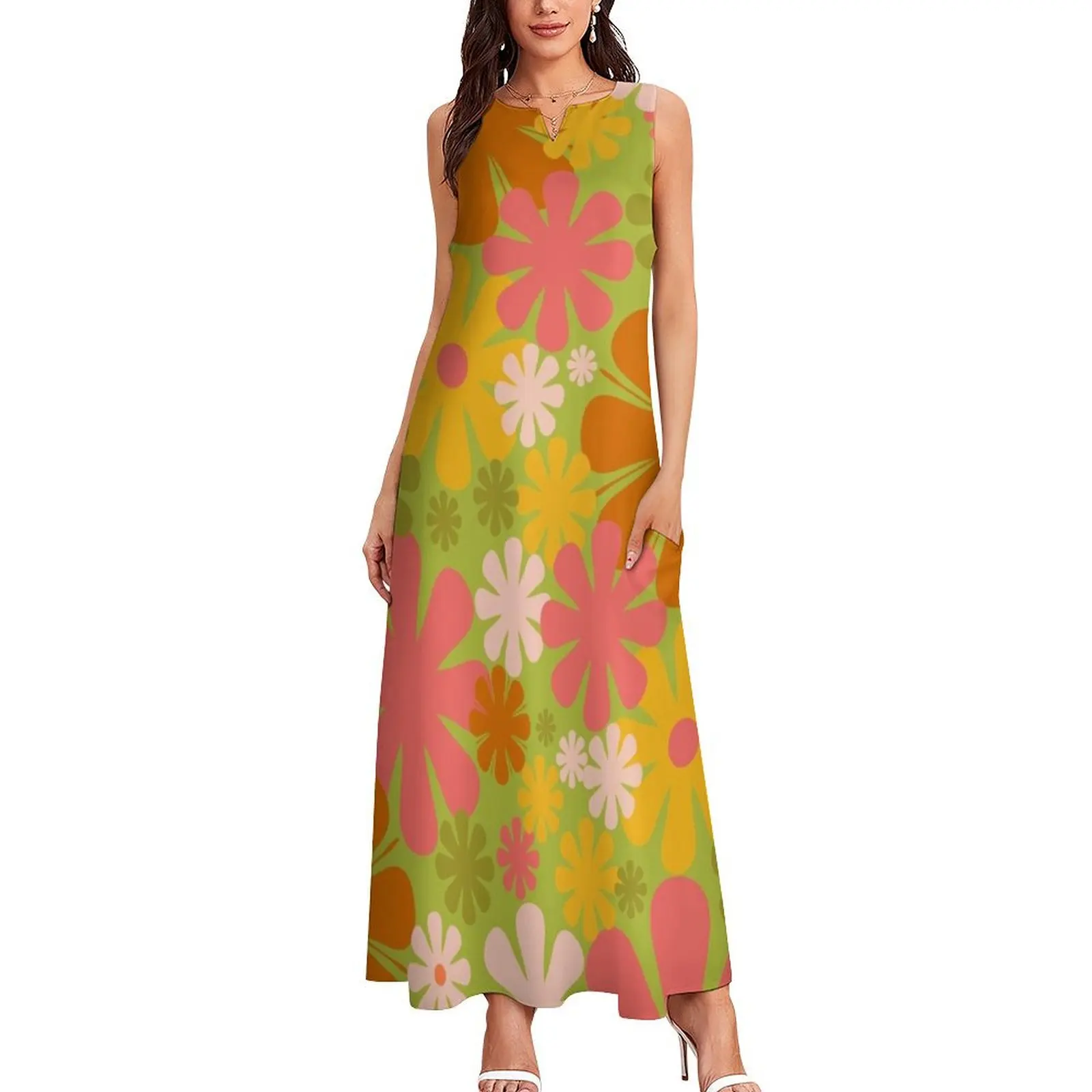 Женское длинное платье в стиле ретро зеленое розовое желтое оранжевое с