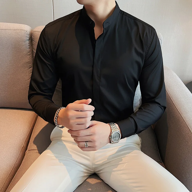 High Quality Stand Collar Men Shirts Autumn Long Sleeve Casual Slim Business Dress Shirt Social Office Streetwear Blouse 2022