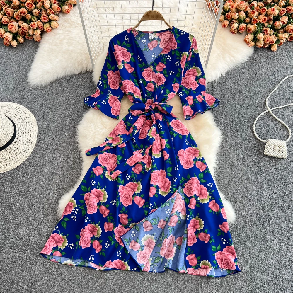 

French V Neck Summer floral print long split Dress Women flare sleeve casual elegant bandage dress beach holiday tunic dress