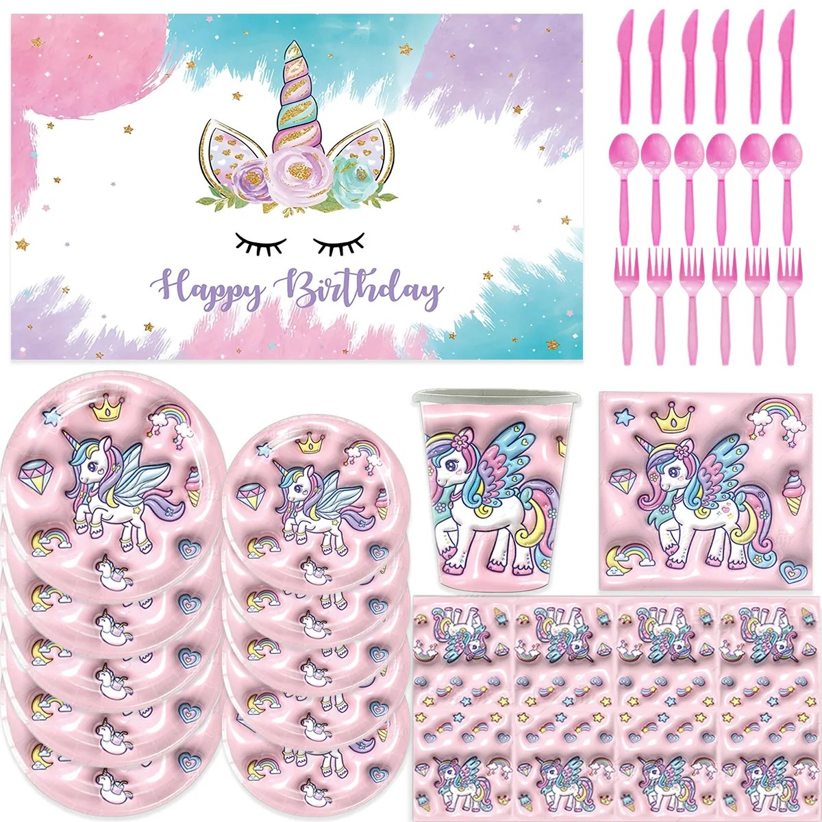 Единорог Девочка День Рождения вечерние одноразовая посуда бумажная чашка
