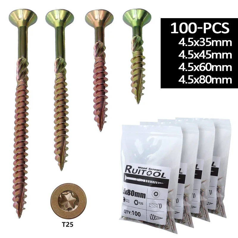 

100pcs Wood Screws T25 35/45/60/80mm Flat Head Self Tapping Screws Torx Deck Screw Wood Binding Screws For Hardware