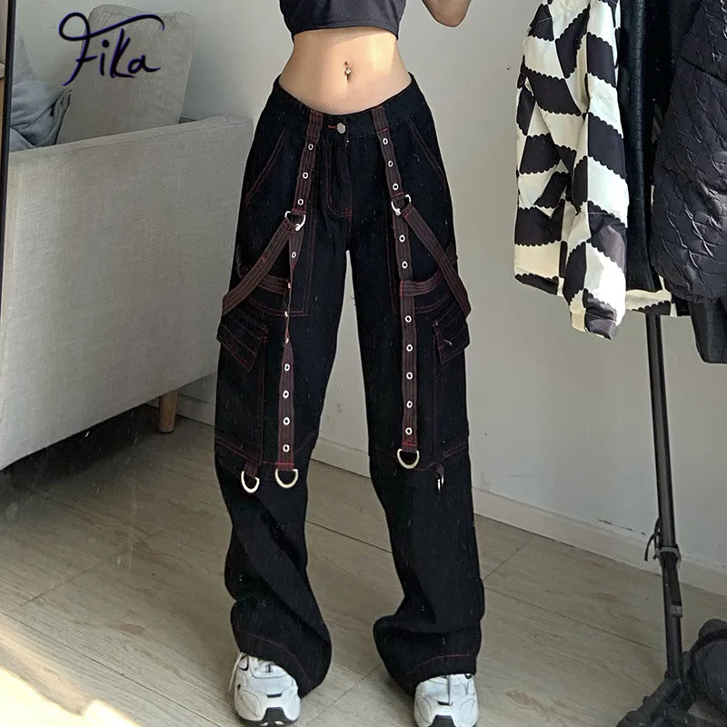

Vintage Loose Cargo Pants Women Gothic Bandage Patchwork Baggy Jeans Fashion Low Waist Denim Trousers Y2k Straight Leg Jeans