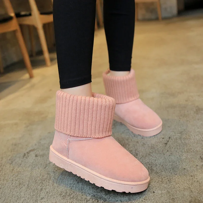 Женские сапоги без застежки однотонные теплые до середины икры из флока с