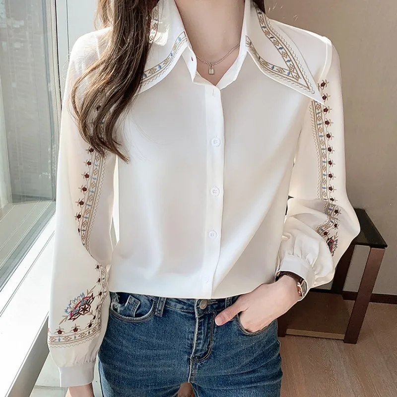 

White Women Shirts Fashion Blouses Printed Ladies Tops Long Sleeve Blouses Basic Button Up Shirt OL Puff Sleeve Womens Tops