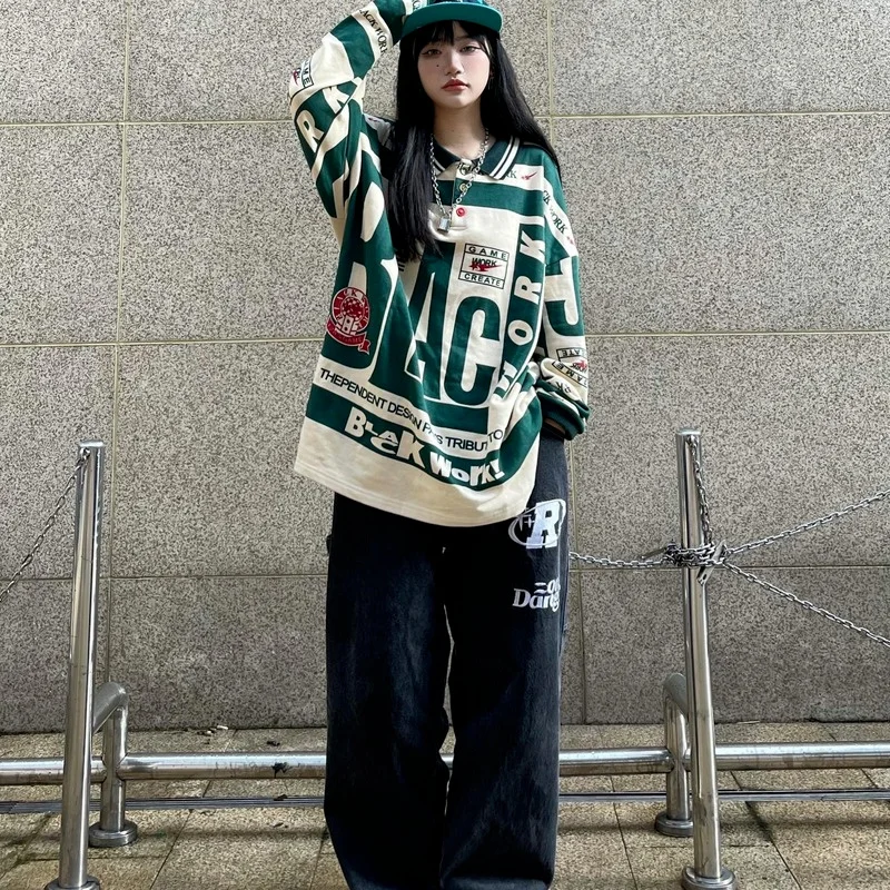 

Универсальные рубашки-поло в уличном стиле 2022, свободная винтажная толстовка, Новый Топ с длинным рукавом на осень и зиму, Модный пуловер с н...