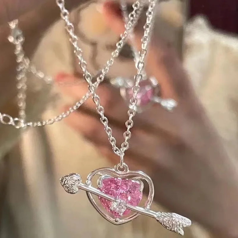 Cupid Eros Arrow Heart Pendant Necklace for Women Pink Crystal Chain Necklace Girl Korean Fashion Jewelry Collare Para Mujer