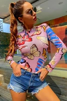 spring and summer wish top fashion long sleeved semi high neck butterfly print t shirt bottoming womens bodysuit