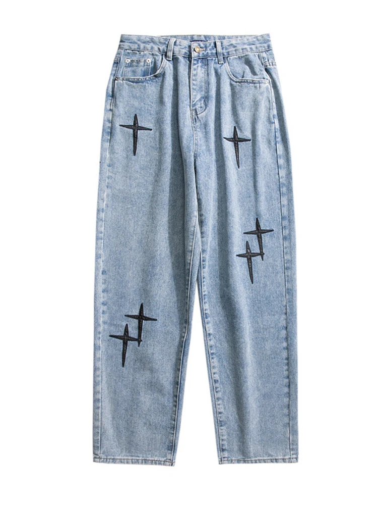 Embroidered Jeans Men Straight Loose Wide-leg Pants Spring and Autumn Korean Fashion High Street Hip Hop Style Male Trousers