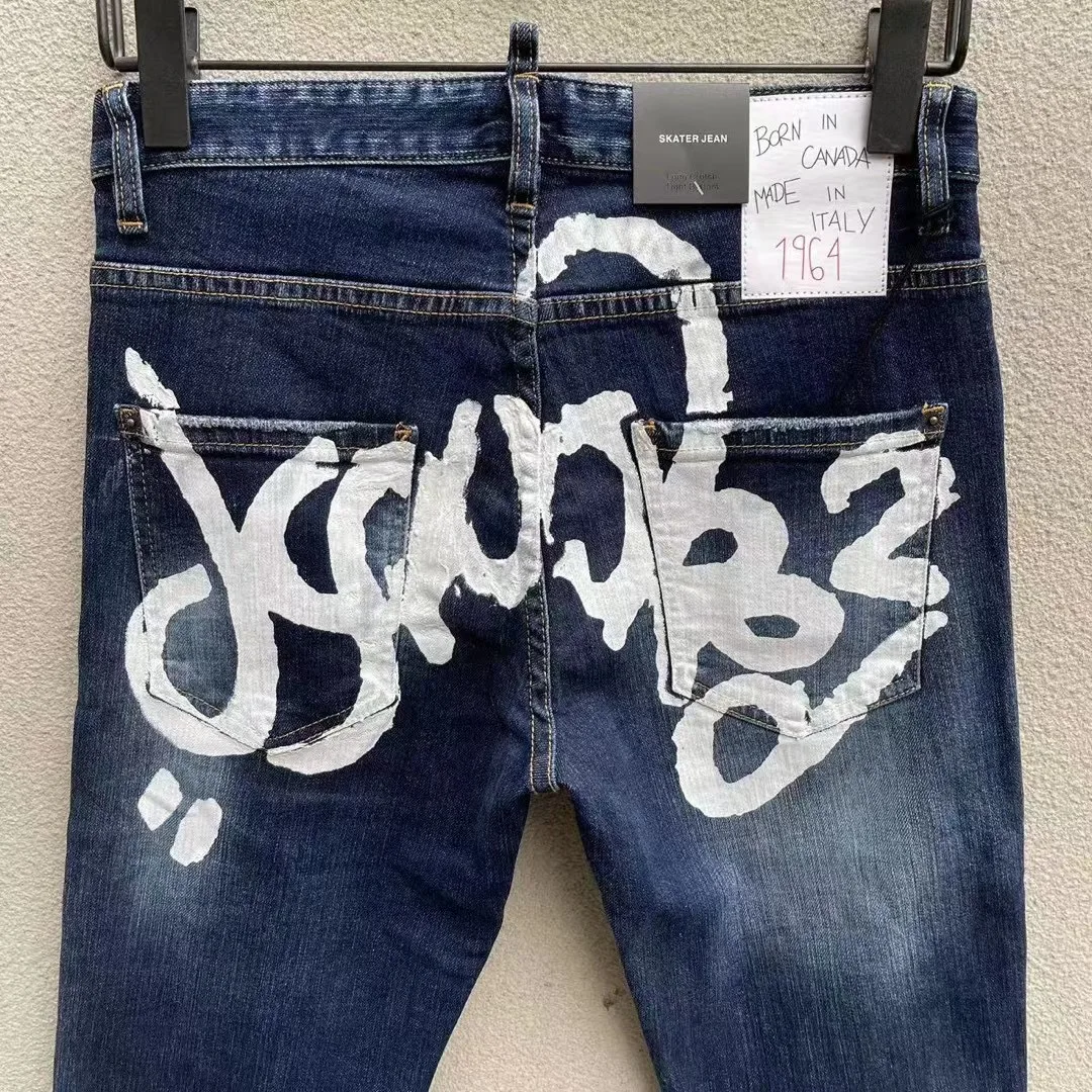 2023 Spring/Summer New D2 Jeans Fashionable Slim Fit Micro Elastic Hole Patch Simple Versatile Trendy Men's Pants