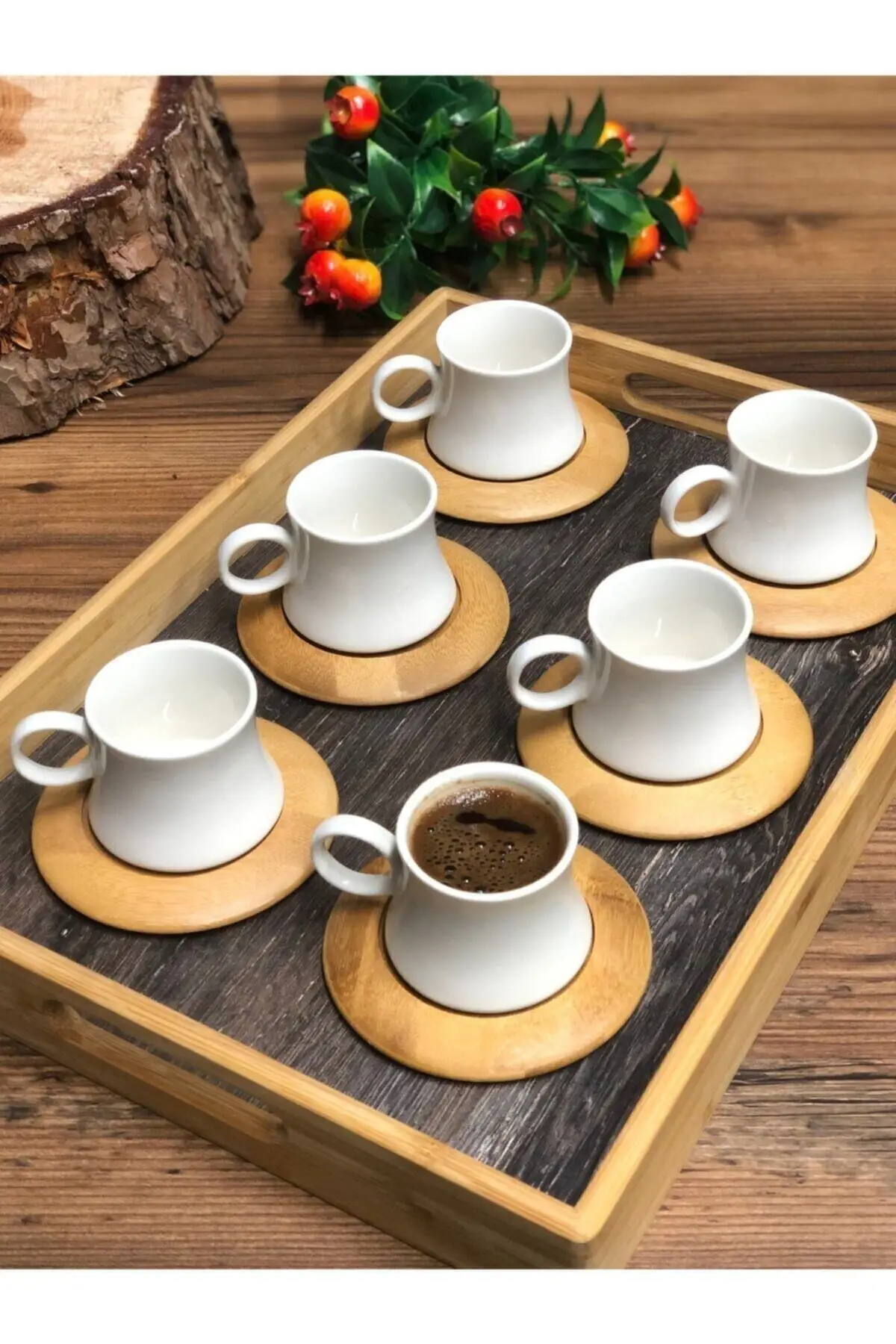 

Amazing Turkish Greek Arabic Coffee & Espresso Cup Set Porcelain Cup Set 6 Person Bamboo Plate