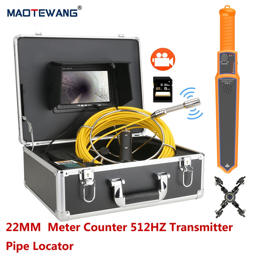 

7" DVR Sewer Pipe Inspection Video Camera with Meter Counter 512HZ Pipe Locator 22MM IP68 Pipeline Industrial Endoscope System