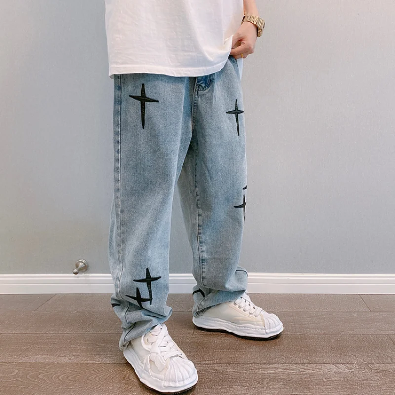 New Embroidered Jeans Men Straight Loose Wide-leg Pants Spring and Autumn Korean Fashion High Street Hip Hop Style Male Trousers