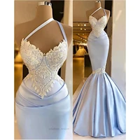 light blue evening dresses satin beading sleeveless formal party mermaid elegant prom dress for women robes de soir%c3%a9e