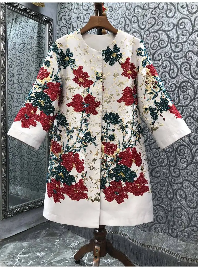

XXL Coat Outerwear 2022 Autumn Winter Clothing Women Vintage Jacquard Prints Beading Deco Covered Button Casual Overcoats Female