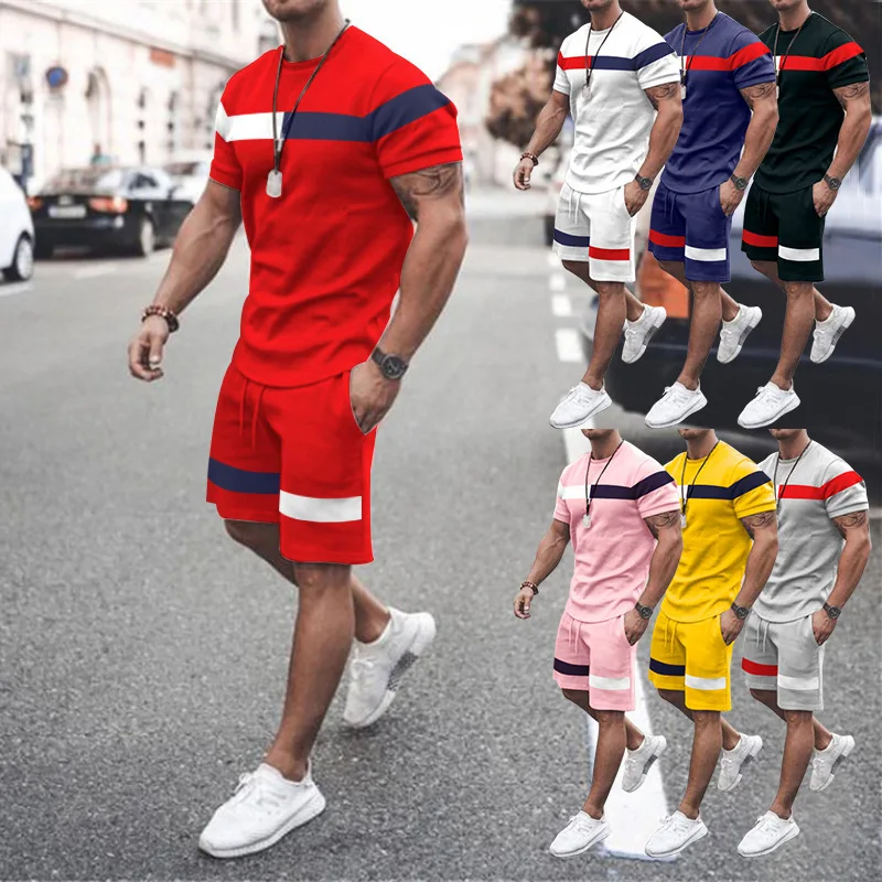 

2022 Summer Fashion Trend Sports Color Matching Short Sleeve Suit Men's Short Sleeve Men's Casual Loose Round Neck Hot Selling
