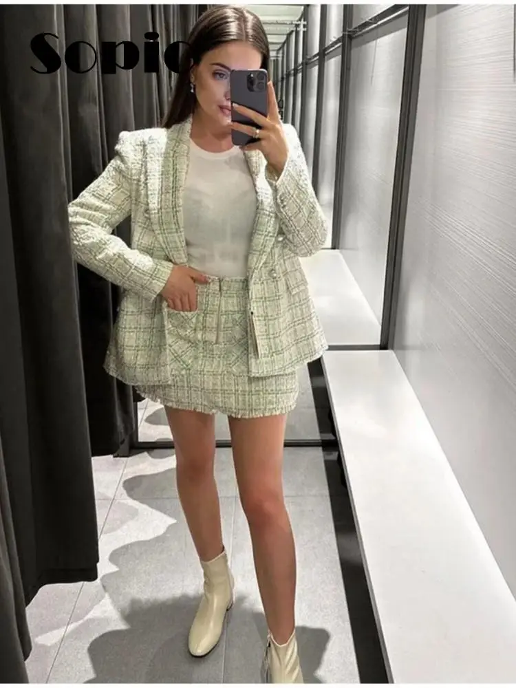 

Elegant Textured Tweed Blazer Shorts Set Women Double Breasted Jacket Coats+ Pocket Trousers 2023 Spring New Office Lady Outfits
