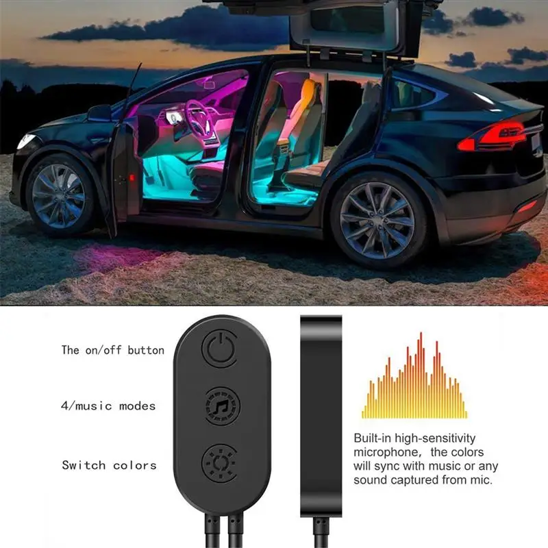 

Подсветка салона автомобиля с Bluetooth, управление через приложение, комплект подсветки, RGB Светодиодная лента для легковых и грузовых автомоб...