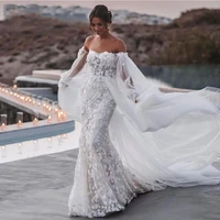 modern bride gowns lace applique strapless lace up puff sleeve vestido de noiva simple court train trumpet wedding dresses