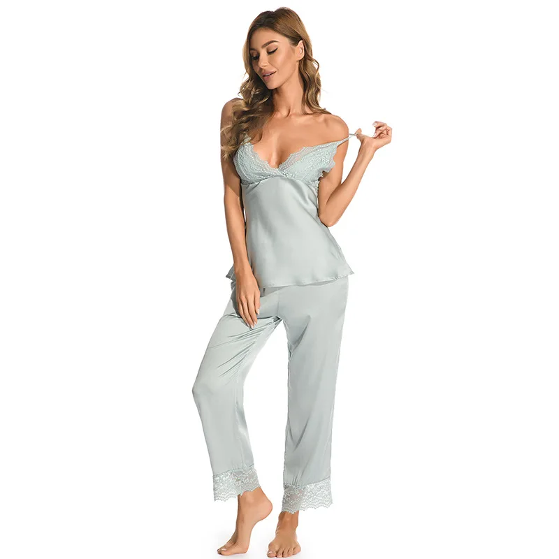 

Пижама женская из искусственного шелка, пикантный кружевной комплект одежды для сна на бретельках, с V-образным вырезом, брюки, Повседневная Домашняя одежда, весна-лето