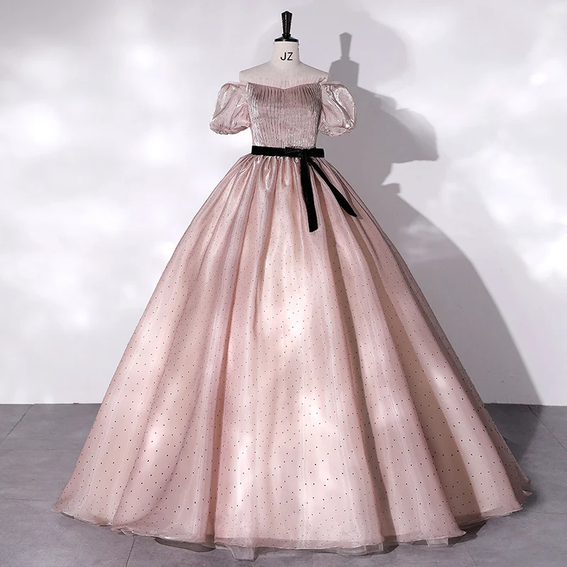 

Pink Quinceanera Dresses 2023 New Vintage Puff Sleeves Floor-length Suknia Balowa Simple Sweet Geometry Dot Vestido De Debutante