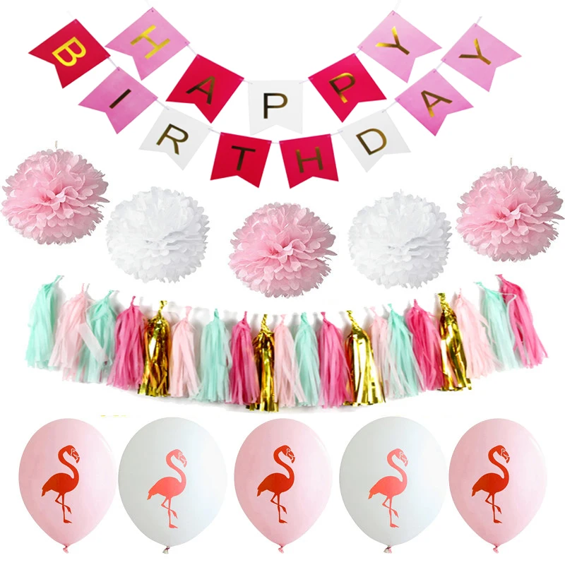 

1set Pink Flamingo Latex Balloons Banner Paper Flowers Tassel for Hawaiian Tropic Summer First Birthday Party Baby Shower Decor