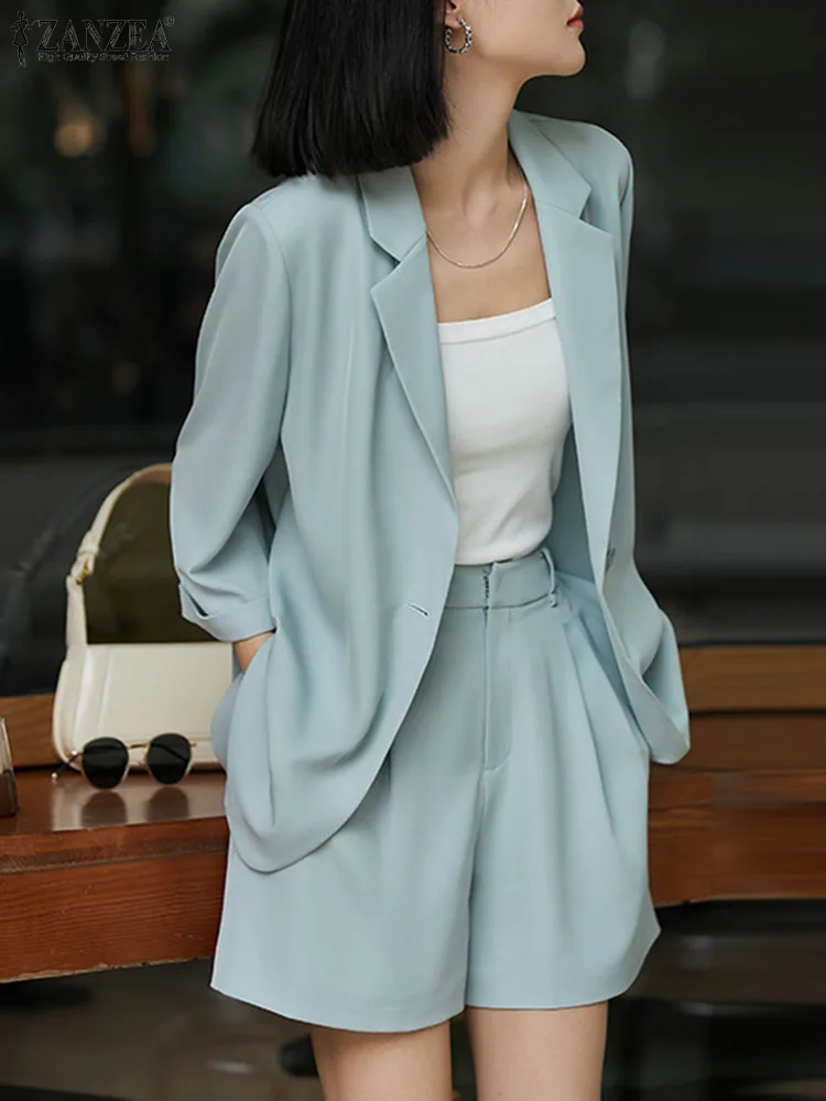 

ZANZEA Spring Elegant Short Sets 2PCS Women 3/4 Sleeve Blazer Suits Fashion Solid OL Work Pants Sets Casual Urban Tracksuit 2023