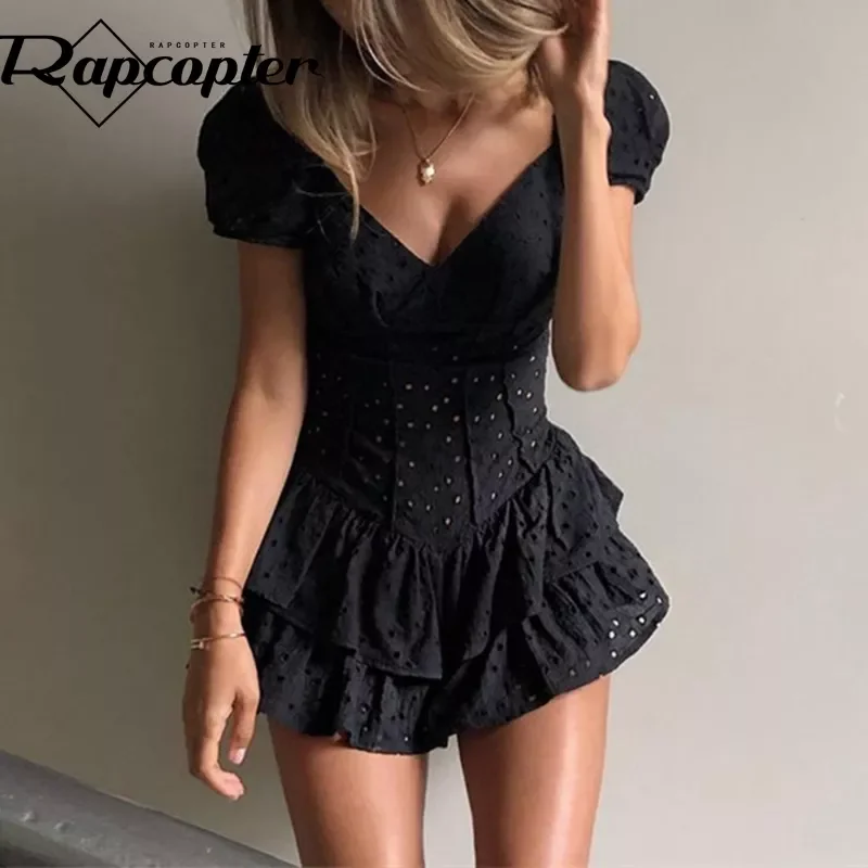 

Rapcopter Hook Flower Mini Dress Sexy Deep V Neck Dress Vintage Puff Sleeve Short Dress Women Summer Dress Boho Beach Sundress
