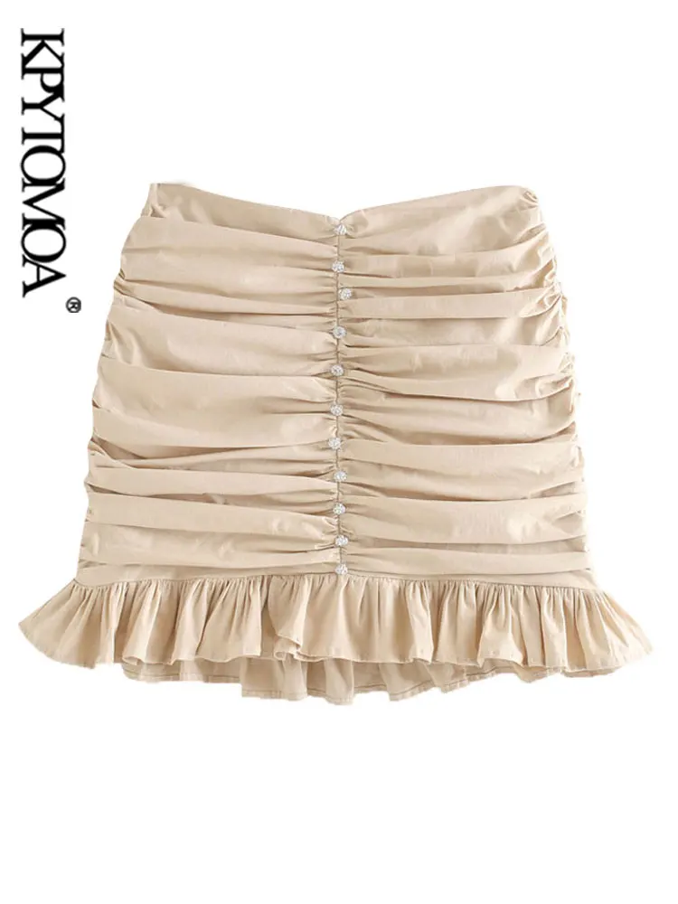 

KPYTOMOA Women Chic Fashion Appliques Ruffled Pleated Mini Skirt Vintage High Waist Back Zipper Female Skirts Mujer
